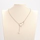 Alloy Silver Color Plated Heart Lariat Necklaces, with Glass Pearl Beads, Iron Cable Chains and Zinc Alloy Lobster Claw Clasps, Creamy White, 20.2 inch