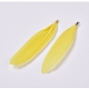 Goose Feather Big Pendants, with Iron Fold Over Cord Ends, Yellow, 86x17x3mm, Hole: 1mm