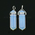 Opalite Double Terminated Pointed Pendants, with Metal Findings, Bullet, Platinum Metal Color, 39~41x10~12x8~10mm, Hole: 4x3mm