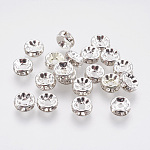 Brass Rhinestone Spacer Beads, Grade A, Rondelle, Silver Color Plated, Size: about 8mm in diameter, 3.5mm thick, hole: 2mm