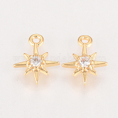 Latón charms de circonio cúbico, estrella, sin níquel, real 18k chapado en oro, 10.5x8.5x2mm, agujero: 1 mm