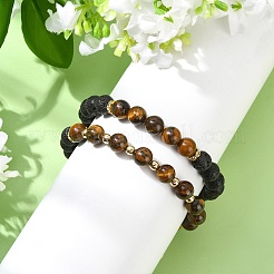 Bracelets extensibles ajustables en œil de tigre naturel et en pierre de lave naturelle&nbsp;BJEW-JB14150-02