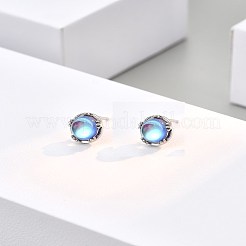 フラット ラウンド ロジウム メッキ 925 スターリング シルバー スタッド イヤリング、女性用、合成夜光石付き  ブラック  プラチナ&nbsp;EJEW-BB72170-A