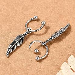フェザー 316 サージカルステンレススチール ダングル ハーフフープ イヤリング 女性用  アンティークシルバー  35.5x5.5mm  Inneの直径：9.85mm  ピン：1.17mm（17ゲージ）&nbsp;EJEW-G416-46AS