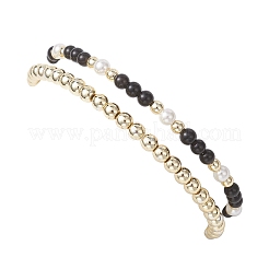 2 bracciale elastico con perle di ossidiana naturale&nbsp;BJEW-JB12938-01