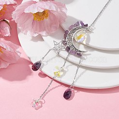ムーン＆スター合金吊り下げ飾り  天然アメジストチップとガラスタッセルサンキャッチャー  245~247mm&nbsp;HJEW-TA00096-03