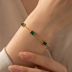 Bracciali da donna a catena rettangolare in acciaio inossidabile 304 con pavé di zirconi cubici verdi.&nbsp;WG18125-01
