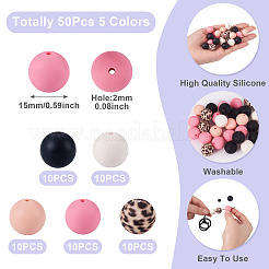 50 pz 5 colori perline in silicone kit perline in silicone sciolte perline in silicone con stampa leopardata per portachiavi creazione bracciale collana&nbsp;SIL-TA0003-35A