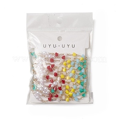 手作りのプラスチックとガラスのイミテーションパールとトライアングルビーズチェーン  ラックメッキ金真鍮のパーツ  溶接されていない  カード用紙付き  カラフル  12~13x4.5~6x4.5~6mm  20~21x5.5x5.5&nbsp;CHC-C026-30