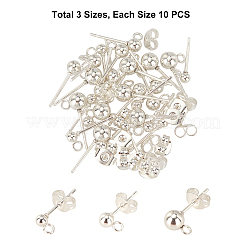 304ステンレススチールボールスタッドピアスポスト  ピアスパーツ  ループとイヤーナット30個付き  ラウンド  銀  14~16x3~5mm  穴：1.8~2mm  ピン：0.8mm  ラウンド：3~5mm  30個/箱&nbsp;STAS-UN0015-25S