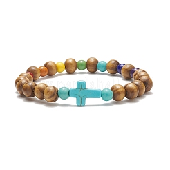 Braccialetto elasticizzato da donna con croce sintetica di turchese (tinto) e perline di legno naturale&nbsp;BJEW-JB09150