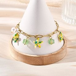 ガラスと合成ターコイズのチャームブレスレット  女性用304ステンレススチールペーパークリップチェーンブレスレット  ヒトデとキューブ  ミックスカラー  7.24インチ（18.4cm）&nbsp;BJEW-JB13894