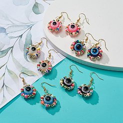 Malocchio in plastica e orecchini pendenti intrecciati in ematite sintetica&nbsp;EJEW-JE05104
