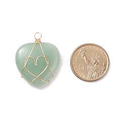天然石&合成天然石ペンダント  ハートチャーム  本物の 18k 金メッキ調銅線巻き  38~39x30~30.5x8.5~9mm  穴：3.5~4mm&nbsp;PALLOY-JF01700