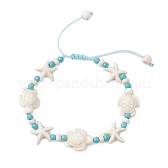 Плетеные браслеты из синтетических бирюзовых бусин с морскими звездами и черепахами для женщин BJEW-JB12130-03
