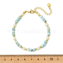 Pulseras de cuentas de cubo facetado de larimar natural y perlas cultivadas de agua dulce naturales con cuentas redondas de latón.&nbsp;BJEW-JB14416