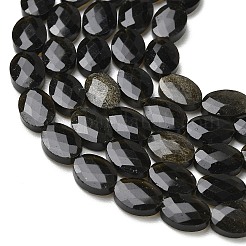 天然石ゴールデンシーンオブシディアンビーズ連売り  水晶  多面カット  フラットオーバル  8x6x3.5mm  穴：0.5mm  約46個/連  14.96''（38センチメートル）&nbsp;G-H349-A01-28