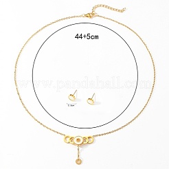 ゴールデン201ステンレススチールジュエリーセット  ペンダントネックレス＆スタッドのピアス  フラットラウンド  ネックレス：440ミリメートル  ピアス：8mm&nbsp;QE0758-2