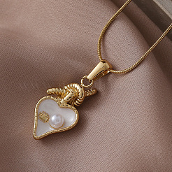 Женские ожерелья с подвеской в виде сердца из нержавеющей стали 304 с эмалью и имитацией жемчуга белого цвета&nbsp;KW3625