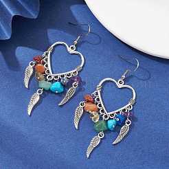 Серьги-люстры из плетеной сетки в форме сердца и перьев из сплава EJEW-JE05423