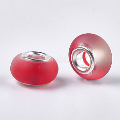 レジンヨーロピアンビーズ  大穴ビーズ  シルバーカラーメッキ真鍮コア付き  ラバー加工スタイル  ロンデル  レッド  14x8mm  穴：5mm&nbsp;RPDL-S013-10A