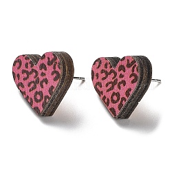 Stampa di orecchini in legno da donna, con 316 perni in acciaio inox, cuore con stampa leopardo, rosa caldo, 14.5x16mm