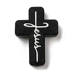 Kreuz mit Wort Jesus Silikon-Fokalperlen, Kauperlen für Beißringe, diy pflege halsketten machen, Schwarz, 30x22x8 mm, Bohrung: 2 mm
