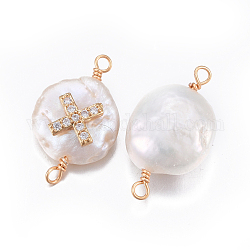 Connettori di collegamenti di perle naturali, con ottone cubic zirconia risultati, pepite con croce, oro, chiaro, 18~27x11~16x5~12mm, Foro: 1.6~2 mm