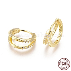 925 Sterling Silver Hoop Earrings, with Clear Cubic Zirconia, with S925 Stamp, Real 18K Gold Plated, 12x5mm, Pin: 0.7mm