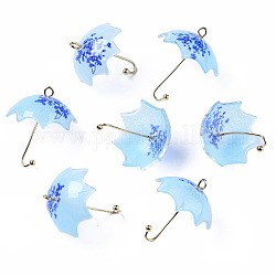 Pendentifs acryliques imprimés, avec les accessoires en laiton plaqués or, Parapluie 3d avec motif de fleurs, bleu royal, 22~24x18x18mm, Trou: 1.2~1.8mm