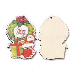 Einseitige, große, weihnachtlich bedruckte Holzanhänger, Weihnachtskranzanhänger, grün, 50x38x2.5 mm, Bohrung: 2 mm