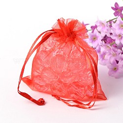 Pochette organza pour cadeaux, bijoux pochettes en maille pour noce cadeaux de noël sacs de bonbons, avec cordon de serrage, rectangle, rouge, 12x10 cm