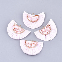 Pendentifs pompon raphia, avec des microbilles et des accessoires d'alliage, en forme d'éventail, or, rose, 31~33x47x7~8mm, Trou: 2mm