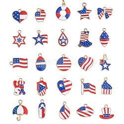 50Pcs Alloy Enamel Pendants, American Flag Theme Charms, Apple/Heart/Star Shape Charms, for July 4th Independence Day Ornament Jewelry Making, Golden