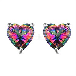 Brass Rhinestone Stud Earrings, Heart, Platinum, Colorful, 8x7.5x5mm, Pin: 0.7mm