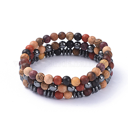 Ensemble de bracelets extensibles, bracelets empilables, avec des perles de bois et des perles d'hématite synthétiques non magnétiques, sacs de jute, 2-1/4 pouce (5.7 cm), 3 pièces / kit