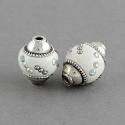 Handmade Indonesia Beads, with Rhinestones and Alloy Cores, Oval, Antique Silver, White, 15~17x14mm, Hole: 2mm