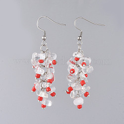 (Jewelry Parties Factory Sale)Dangle Earrings, with Glass Seed Beads, Natural Quartz Crystal Chips Beads and Stainless Steel Earring Hooks, Red, 63mm, Pin: 0.7mm