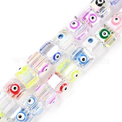 Transparent Glass Beads Strands, with Enamel, AB Color Plated, Square with Evil Eye, Colorful, 6~6.5x8~9x6.5~7mm, Hole: 1.6mm, about 50pcs/strand, 12.80~12.99''(32.5~33cm).