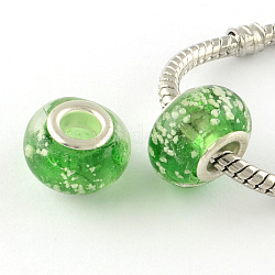 In den dunklen handgemachten leuchtenden Stil lampwork großes Loch europäischen Perlen leuchten, mit silberfarbenen Messing Kerne, Rondell, lime green, 14x9~10 mm, Bohrung: 5 mm