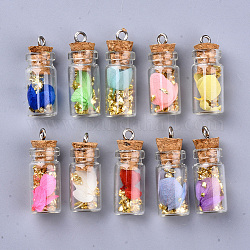 Glass Wishing Bottle Pendant Decorations, with Dried Flower  & Chip Gemstones inside, Cork Stopper and Platinum Iron Screw Eye Pin Peg Bails, Mixed Color, 27~29x11mm, Hole: 2mm