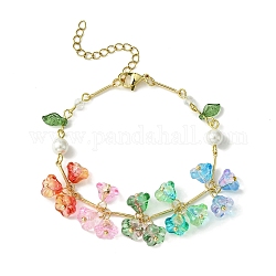 Bracelet à breloques en verre fleur, feuille et imitation perle, avec chaînes à maillons en laiton doré pour femme, colorées, 7-1/4 pouce (18.5 cm)