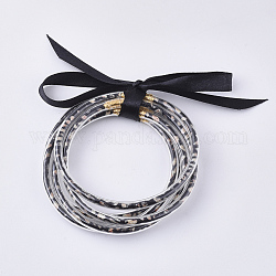 PVC Plastic Buddhist Bangle Sets, Jelly Bangles, with PU Leather Cords Inside and Polyester Ribbon, Black, 2-1/2 inch(6.3cm), 5pcs/set