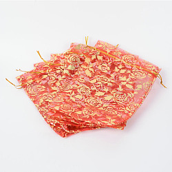 Sacs en organza imprimés rose, sacs-cadeaux, rectangle, rouge, 18x13 cm