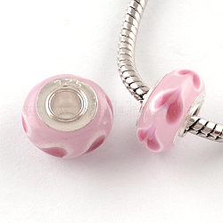 Modèle de coeur chalumeau à la main des perles de rondelle européen, avec noyaux en laiton plaqué couleur argent, Perles avec un grand trou   , rose, 14~15x8mm, Trou: 4.5mm