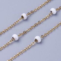 Ion Plating(IP) 304 Stainless Steel Cable Chains, with Beads, Enamel and Spool, Soldered, Flat Oval , White, 4.9x3.4mm, about 32.8 Feet(10m)/roll