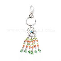 Porte-clés pendentif filet/toile tissée, porte-clés en perles de verre, avec les accessoires en fer, colorées, 14 cm
