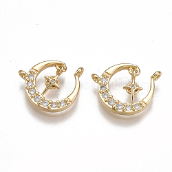 Brass Micro Pave Cubic Zirconia Charms, Real 18K Gold Plated, Crescent, Clear, 11.5~12x13.5~14.5x2mm, Hole: 1mm