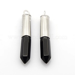 Natural Gemstone Bullet Pointed Pendants, with Platinum Plated Brass Findings, Black Agate, 53x9mm, Hole: 4mm