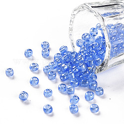 Perles de rocaille en verre, trans. couleurs lustered, ronde, bleuet, 4mm, Trou: 1.5mm, environ 4500 pcs / livre